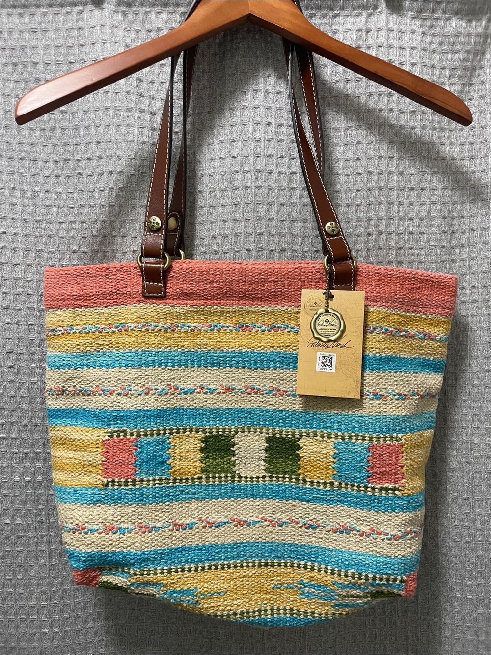 Handwoven Multicolor Stripe Tote Bag with Leather Straps